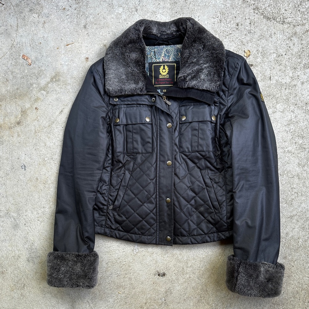 Belstaff Gold Label women's jacket lush faux fur waxed cotton dark gray 48 XL